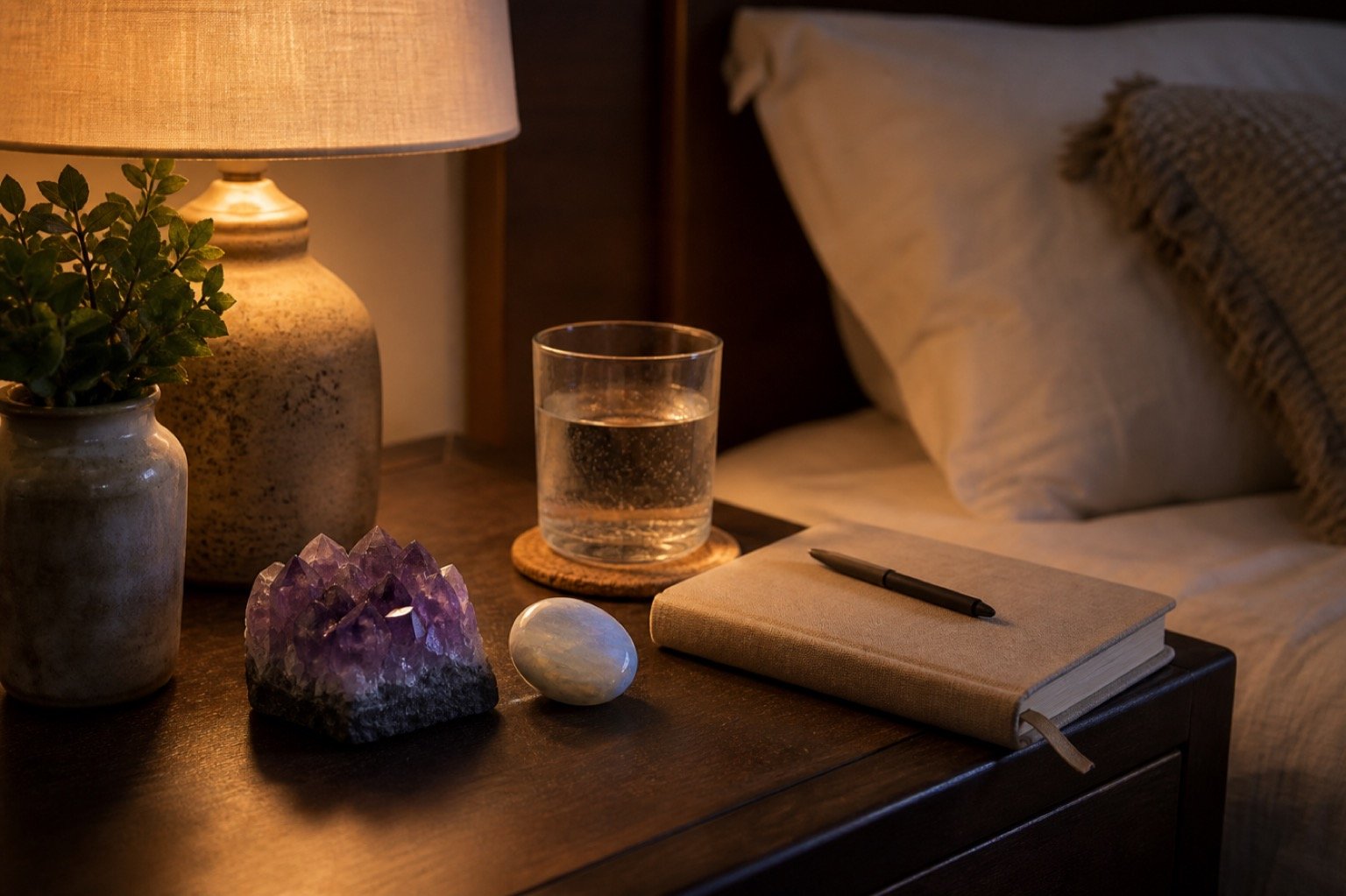 Realistic bedside crystal setup with lamp, journal, and crystals near a bed