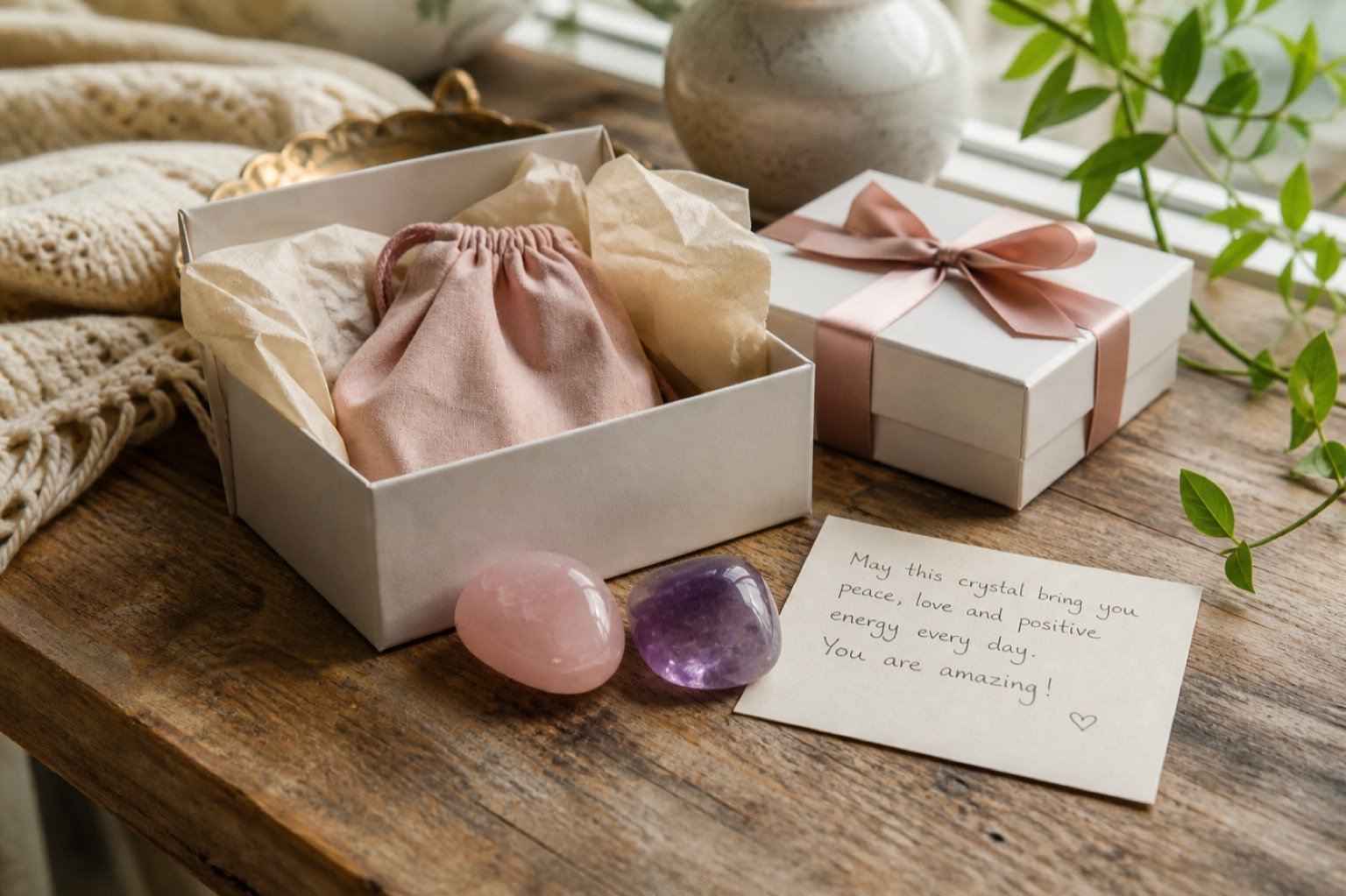 Realistic crystal gift box with polished crystals in a calm home setting