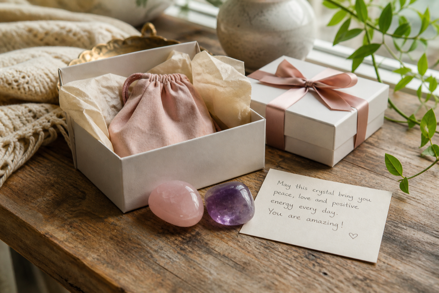 Crystal gift guide with realistic gift box and crystals