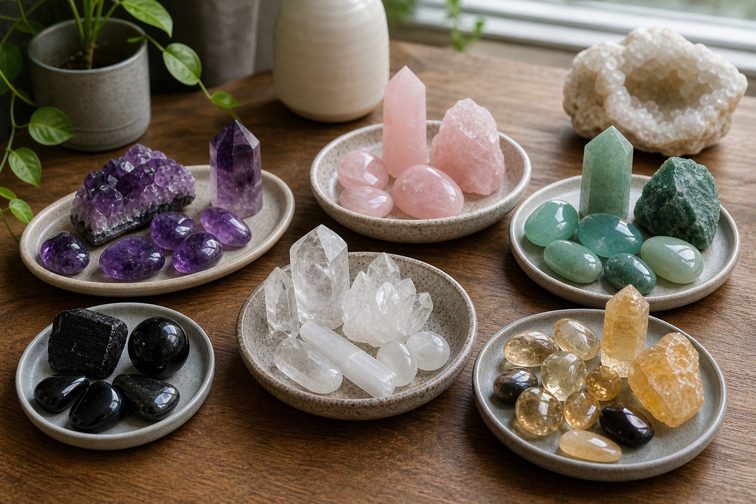 Crystal colors meaning guide with grouped realistic stones by color