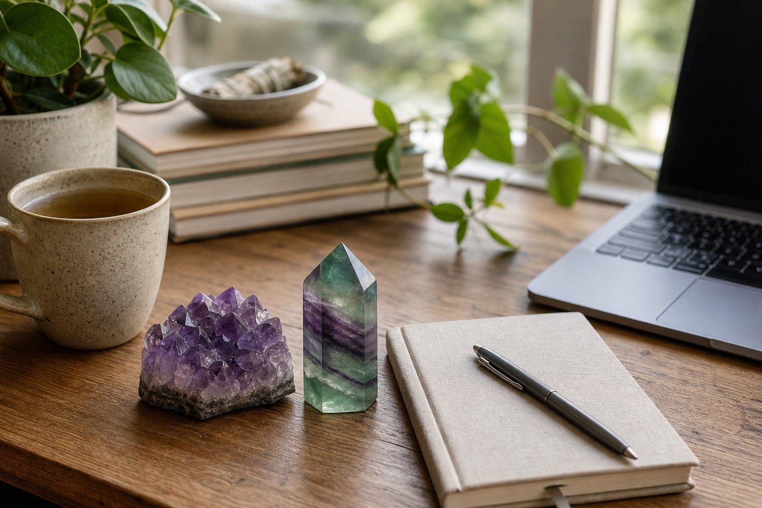 Crystals for busy minds with realistic calm desk setup