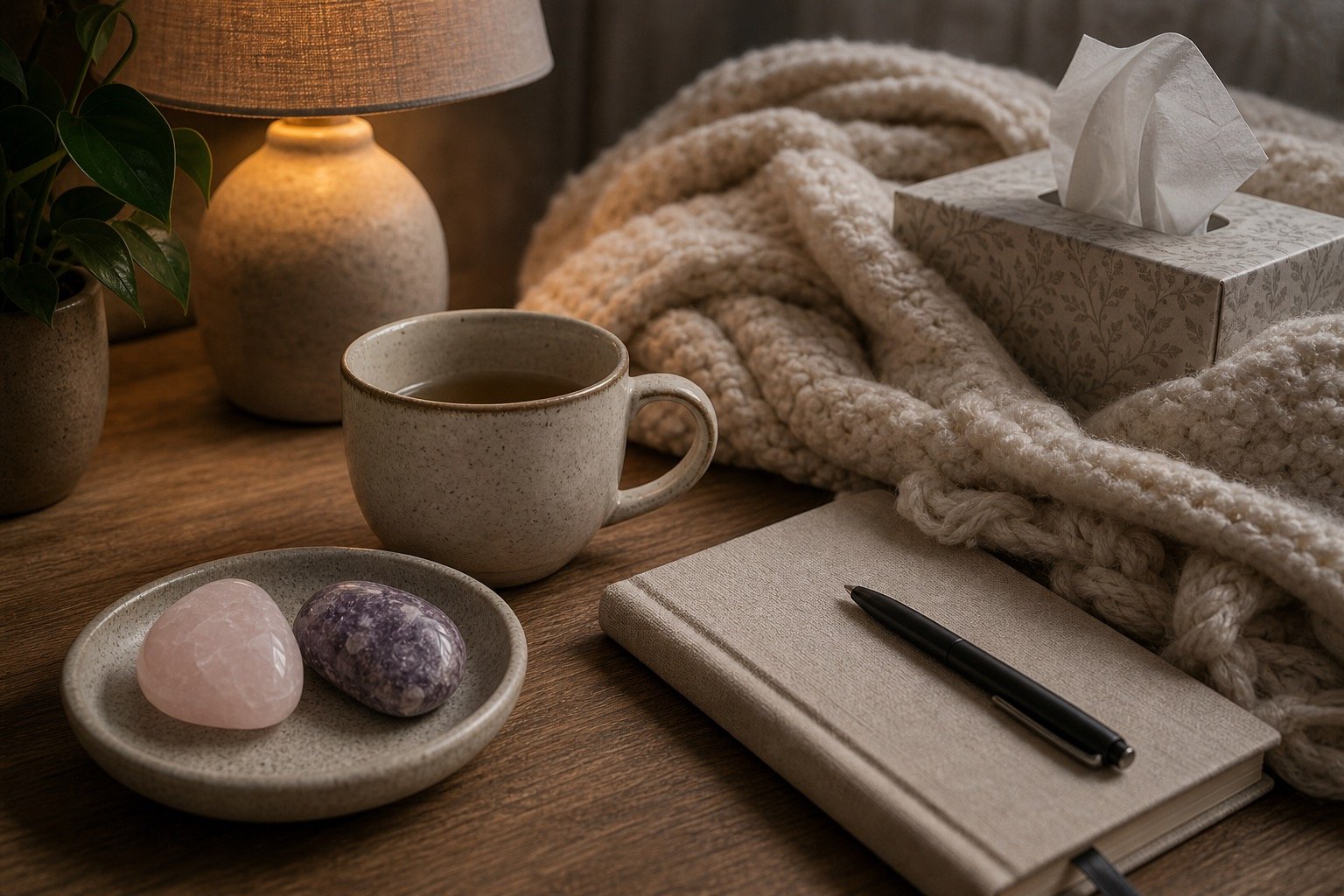 Crystals for emotional heaviness with realistic self-care setup
