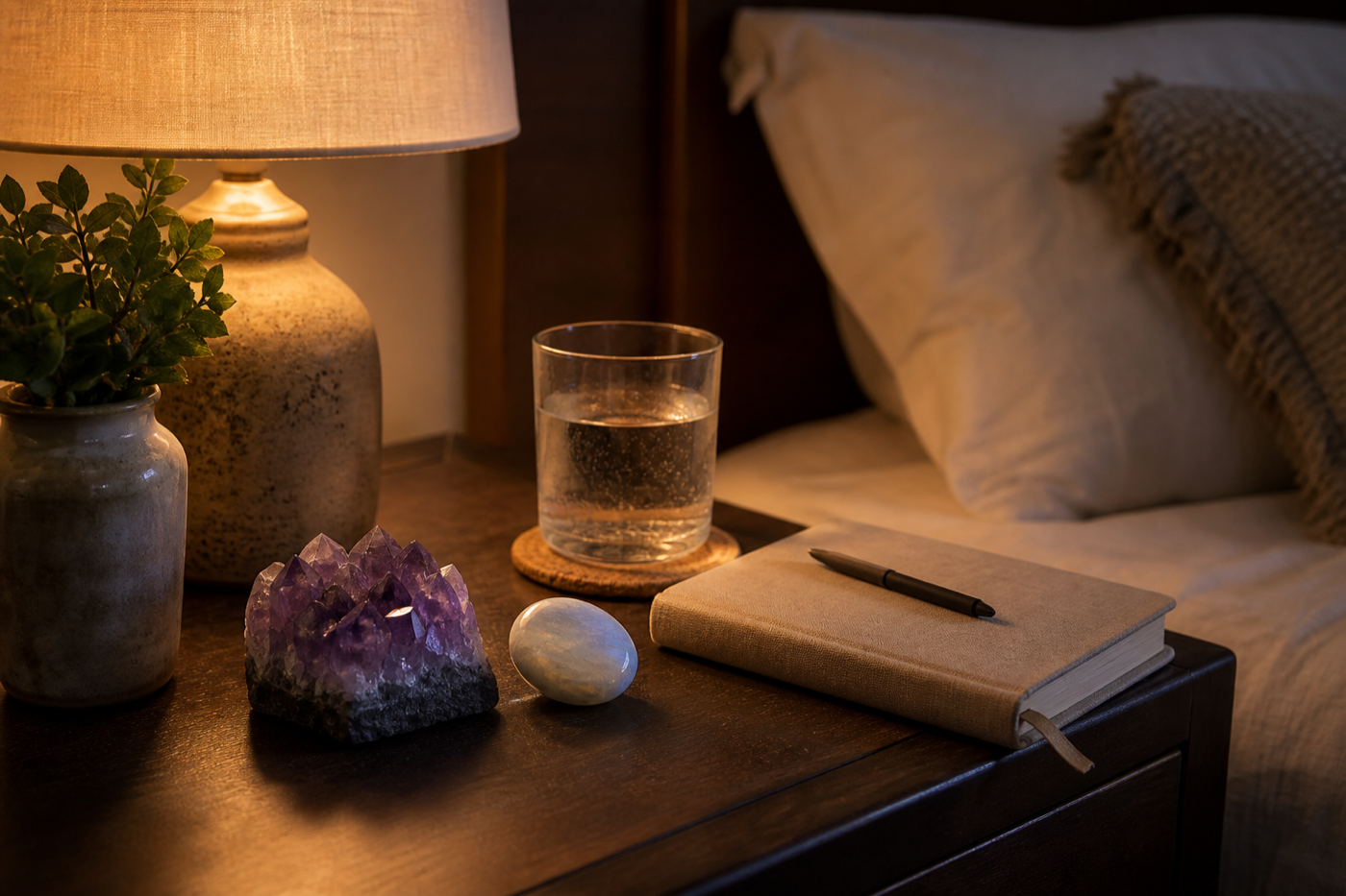Evening crystal routine with realistic bedside table and crystals