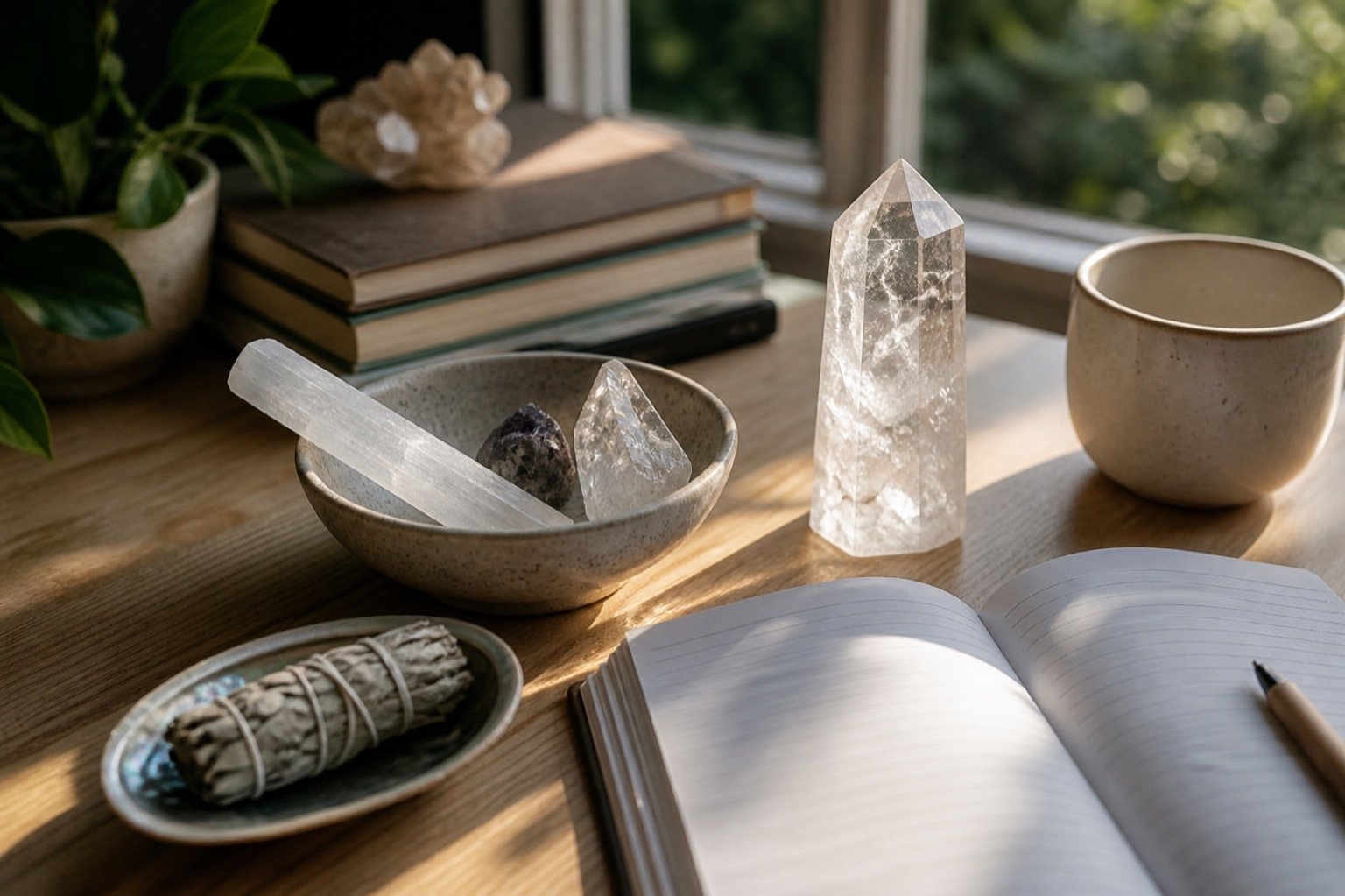 Realistic crystal charging setup by a window with a journal and clear crystals