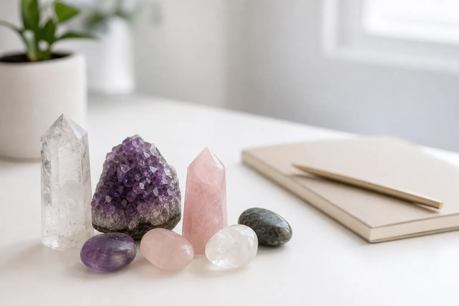 Realistic photo of crystals arranged neatly on a white surface