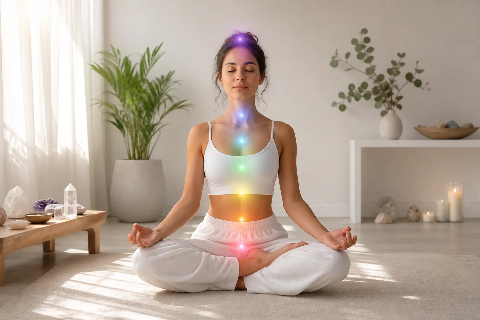 A realistic photo of a person meditating in a bright minimal room