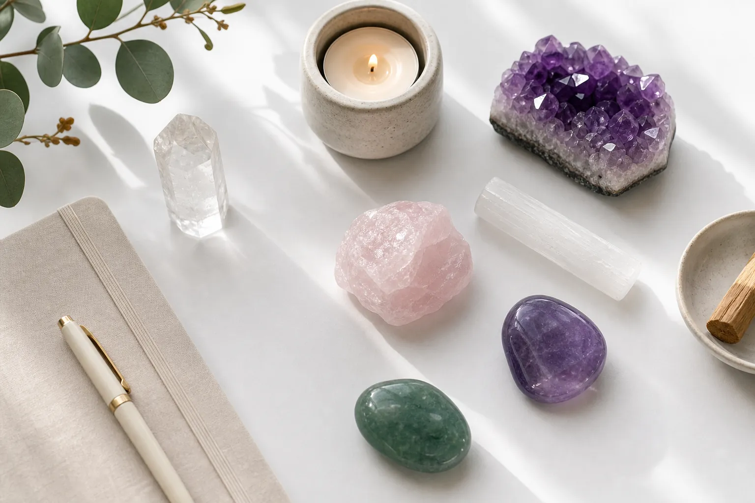 Meditation tools and crystals on a clean white surface