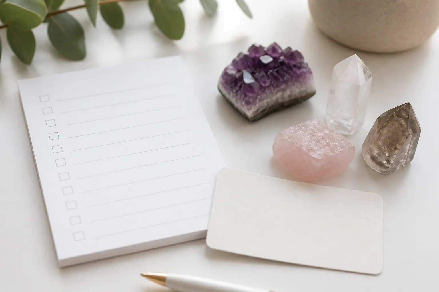 Realistic photo of crystals next to a minimal checklist on a white desk